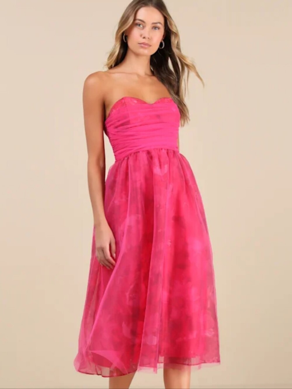 NWT Lulu's Pink Organza Floral Print Strapless Cocktail Midi Dress
